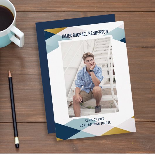 Invitation Fête de graduation photo moderne géométrique bleu