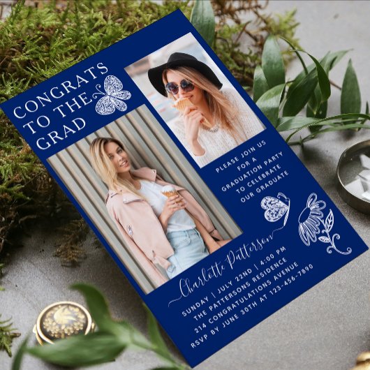 Invitation Fête de graduation photo papillon bleu moderne