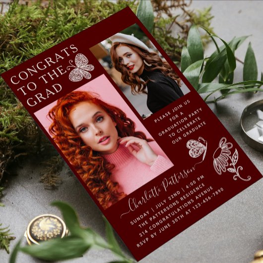 Invitation Fête de graduation photo papillon Bourgogne modern
