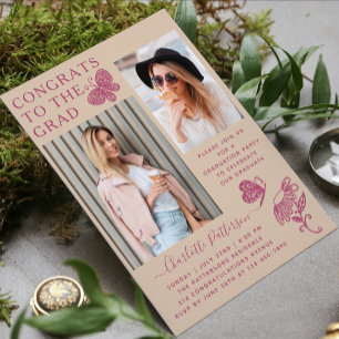 Invitation Fête de graduation photo Papillon rose beige moder