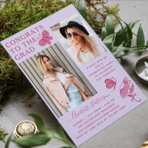 Invitation Fête de graduation Photo Papillon rose clair moder