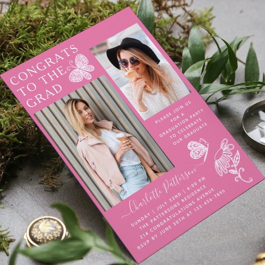 Invitation Fête de graduation photo papillon rose moderne