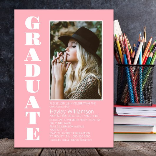 Invitation Fête de graduation photo personnalisée rose modern