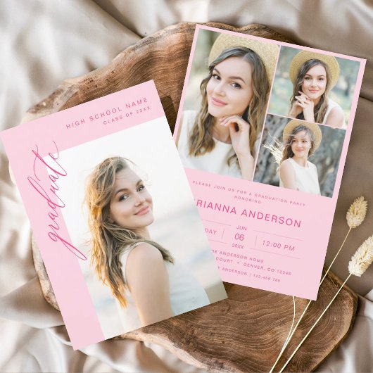 Invitation Fête de graduation photo rose chaud moderne
