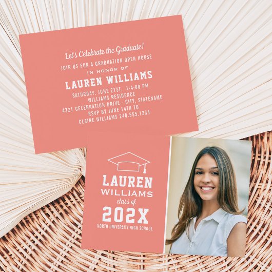Invitation Fête de graduation photo rose corail moderne