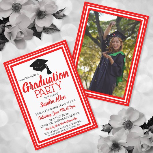 Invitation Fête de graduation photo rouge et blanc