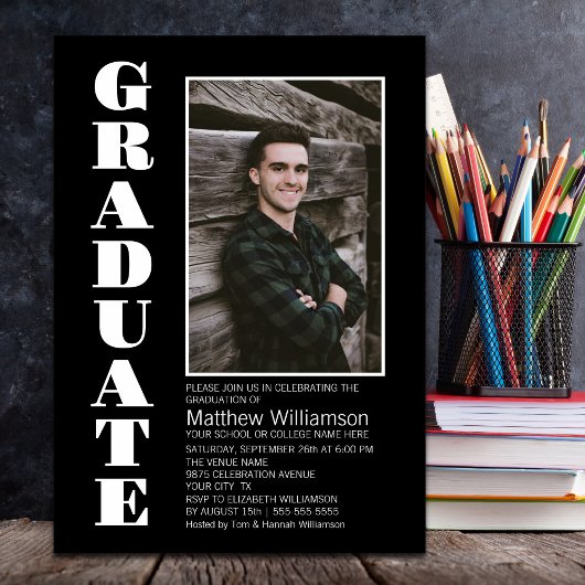 Invitation Fête de graduation Photo Simple Noir Blanc Moderne