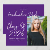 Invitation Fête de graduation photo violet de script moderne (Devant / Derrière)