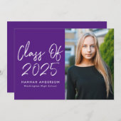 Invitation Fête de graduation photo violet de script moderne (Devant / Derrière)