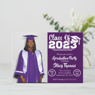 Invitation Fête de graduation photo violet et blanc
