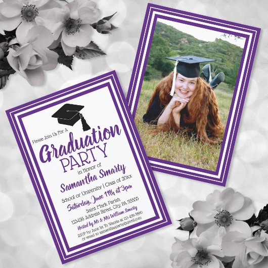 Invitation Fête de graduation photo violet et blanc
