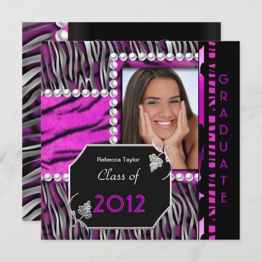 Invitation Fête de graduation Pink Black Silver Leopard Zebra (Devant / Derrière)