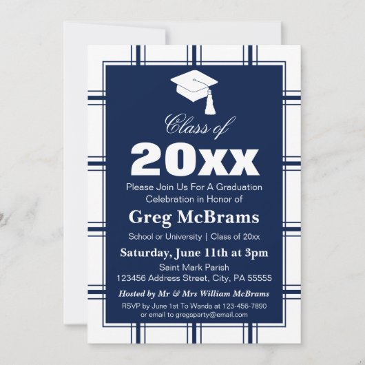 Invitation Fête de graduation Plaid Blue moderne (Devant)