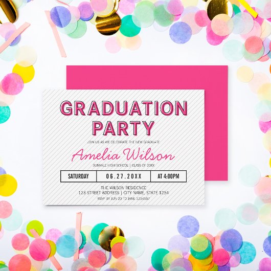 Invitation Fête de graduation rose moderne Stripes