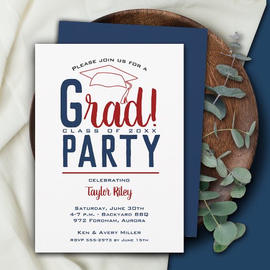 Invitation Fête de graduation rouge foncé et bleu