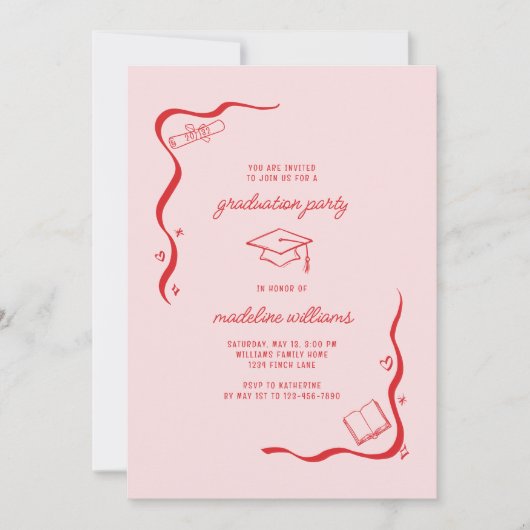 Invitation Fête de Graduation Rouge Rose Doodle Whimsical (Devant)