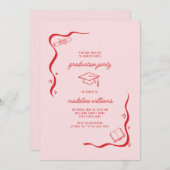 Invitation Fête de Graduation Rouge Rose Doodle Whimsical (Devant / Derrière)