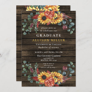 Invitation Fête de graduation Rustic Barn Wood Sunflowers