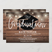 Invitation Fête de graduation Rustic Wood String Lights (Devant / Derrière)