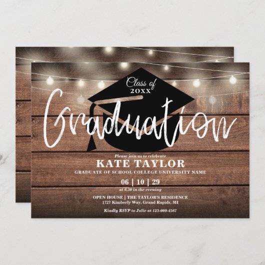 Invitation Fête de graduation Rustic Wood String Lights (Devant / Derrière)