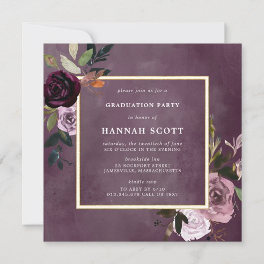 Invitation Fête de graduation Rustique violet rose floral (Dos)