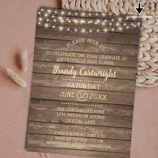Invitation Fête de graduation Rustique Wood & String Lights