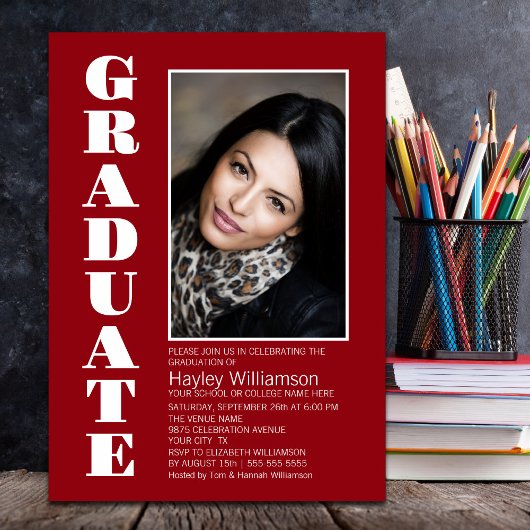 Invitation Fête de graduation Simple Red Photo Modern