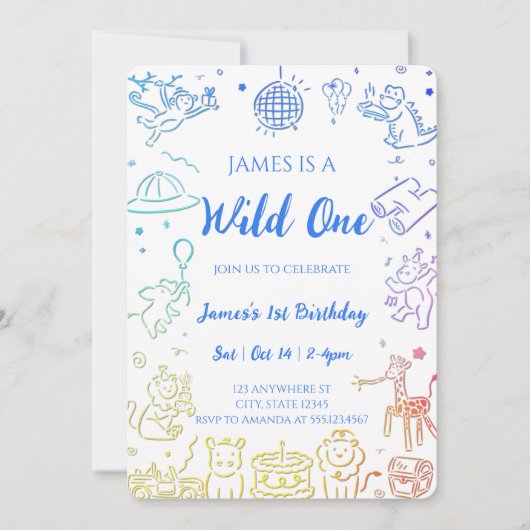 Invitation Fête de gribouillis Animaux 1er anniversaire (Devant)