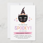 Invitation Fête de Halloween au pastel de chat sorcière noire (Devant)