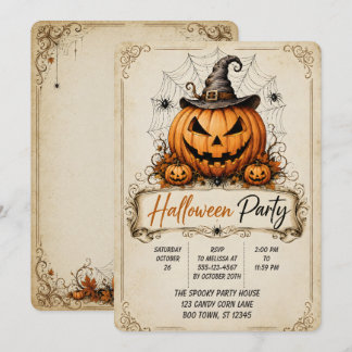 Invitation 🎃🕸️ Fête de Halloween Citrouille Vintage 👻✨