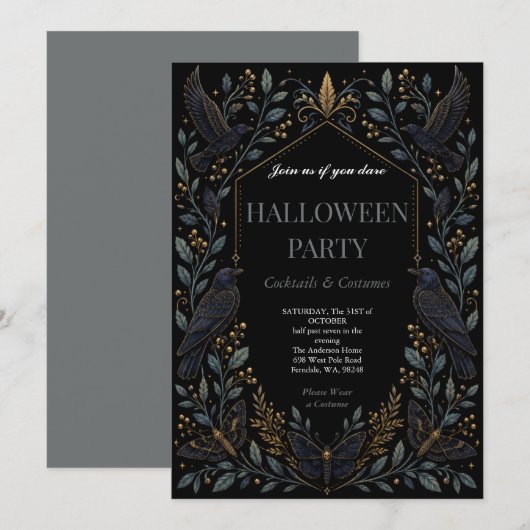 Invitation Fête de Halloween gothique Dark Raven (Devant / Derrière)