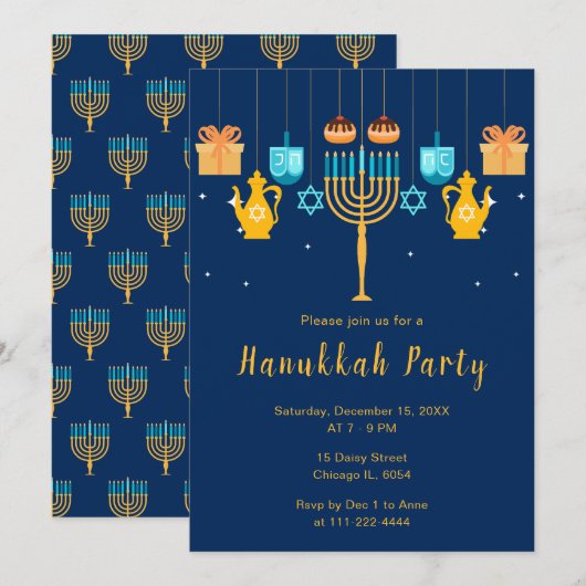 Invitation Fête de Hanouka avec menorah (Devant / Derrière)