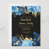 Invitation Fête de Hanoukka aux fleurs bleues et or élégantes (Devant)