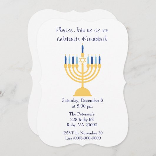 Invitation Fête de Hanukkah bleu et blanc (Devant / Derrière)
