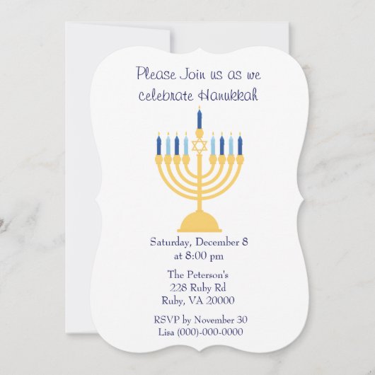 Invitation Fête de Hanukkah bleu et blanc (Devant)