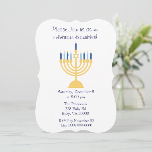 Invitation Fête de Hanukkah bleu et blanc (Debout devant)