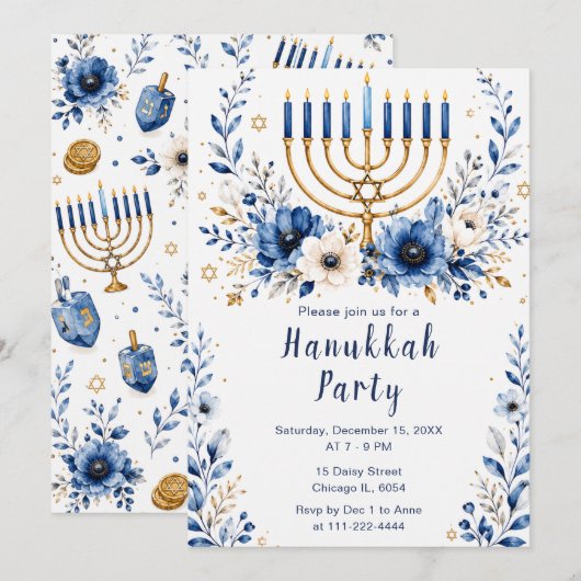 Invitation Fête de Hanukkah bleu et or (Devant / Derrière)