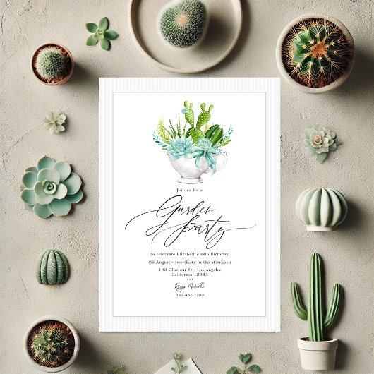 Invitation Fête de jardin à la tasse de thé avec cactus succu