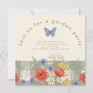 Invitation Fête de jardin aux papillons et fleurs sauvages