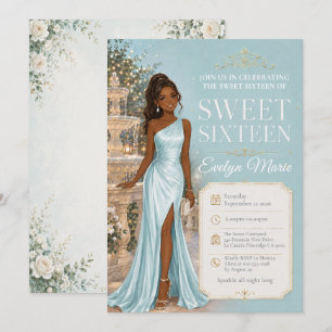 Invitation Fête de jardin avec fontaine pour Sweet 16 bleu cl