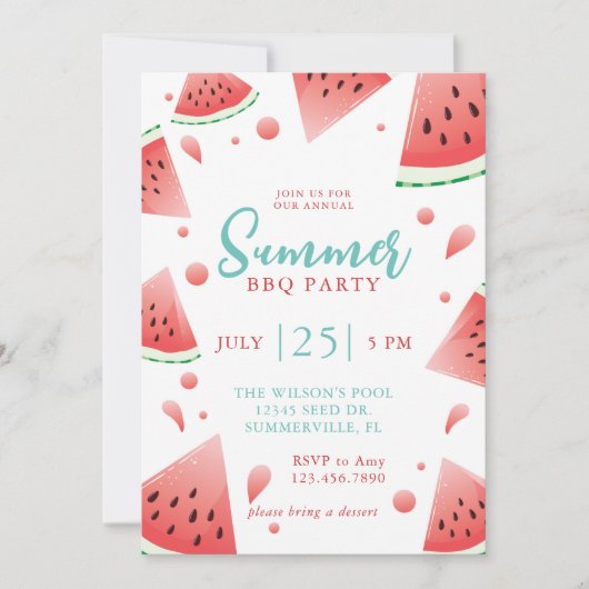 Invitation Fête de jardin BBQ d'été pastèque (Devant)