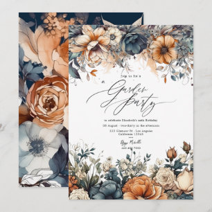 Invitation Fête de jardin bleu marine, orange brûlé et champa
