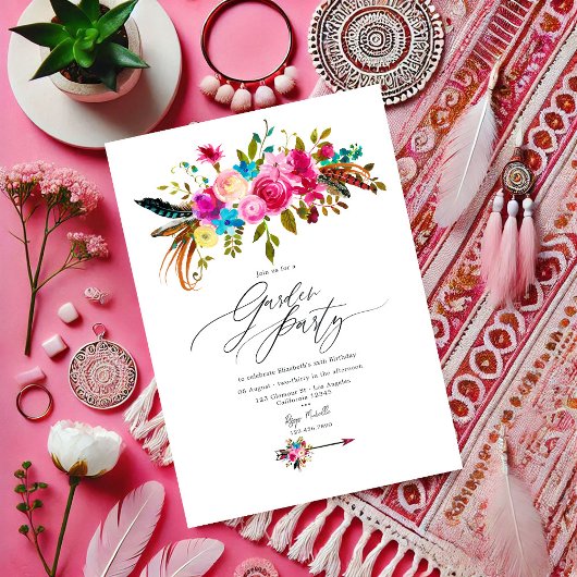 Invitation Fête de jardin florale bohème rose vif