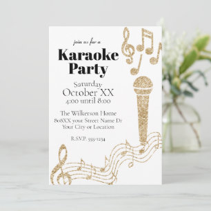 Invitation Fête de Karaoke Notes de Musique Paillettes Dorées