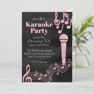 Invitation Fête de Karaoke Notes de Musique Paillettes Roses