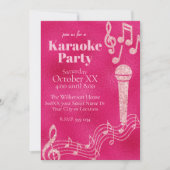 Invitation Fête de Karaoke Notes de Musique Rose Pailleté (Devant)