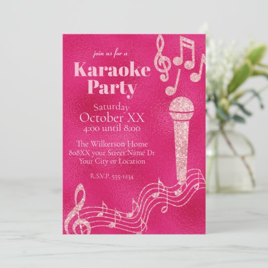 Invitation Fête de Karaoke Notes de Musique Rose Pailleté (Debout devant)