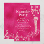 Invitation Fête de Karaoke Notes de Musique Rose Pailleté (Devant / Derrière)