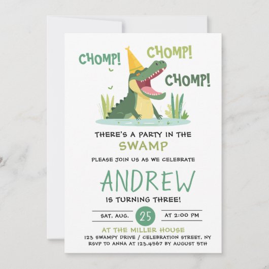 Invitation Fête de la chompe dans l'alligator marécageux Anni (Devant)