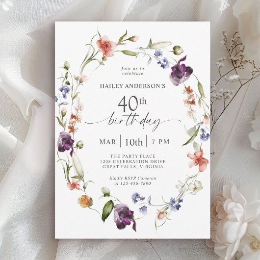 Invitation Fête de la florale féminine fleur sauvage 40e anni